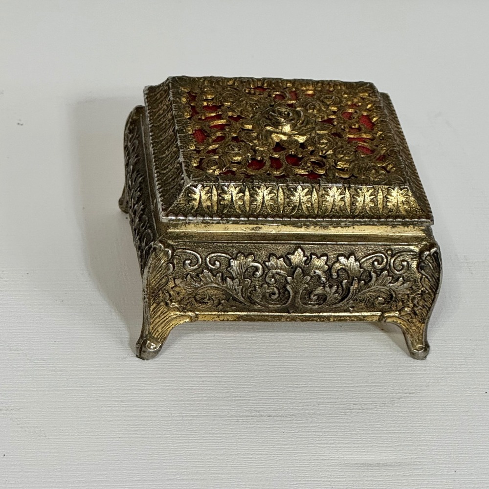 Vintage Japan ornate gold tone rose jewelry trinket box red velvet lined